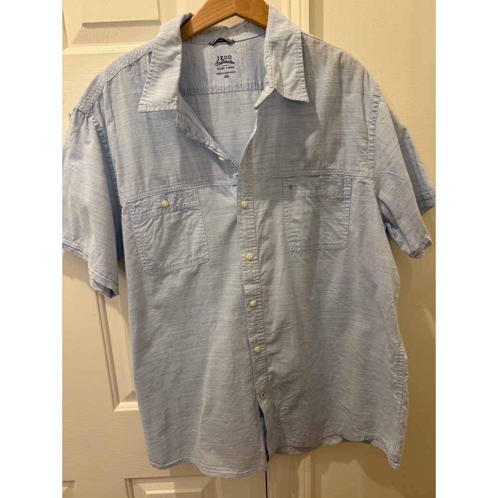 IZOD Saltwater Relaxed Classics Mens XXL‎ Blue White Stripe Short Sleeve Shirt